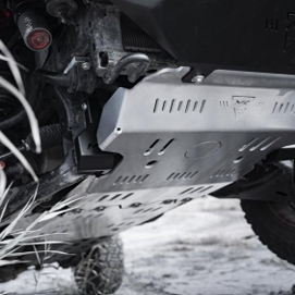 Close-up view of GWM Tank 300 8mm aluminium-magnesium skid plate showing durable construction and reinforced mounting points