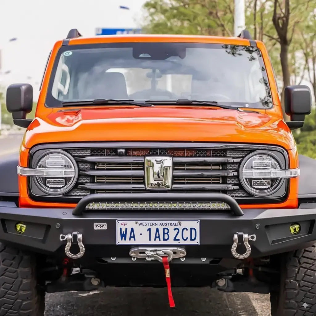 GWM Tank 300 fitted with heavy-duty bumpers and bull bars for off-road protection and rugged style