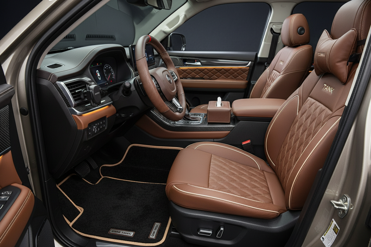 GWM Tank 300 interior accessories including seat covers, floor mats, and storage solutions for comfort and protection