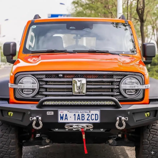 GWM Tank 300 HEV/Hybrid with MEIKA Conqueror front bumper installed for heavy-duty off-road protection and winch mounting