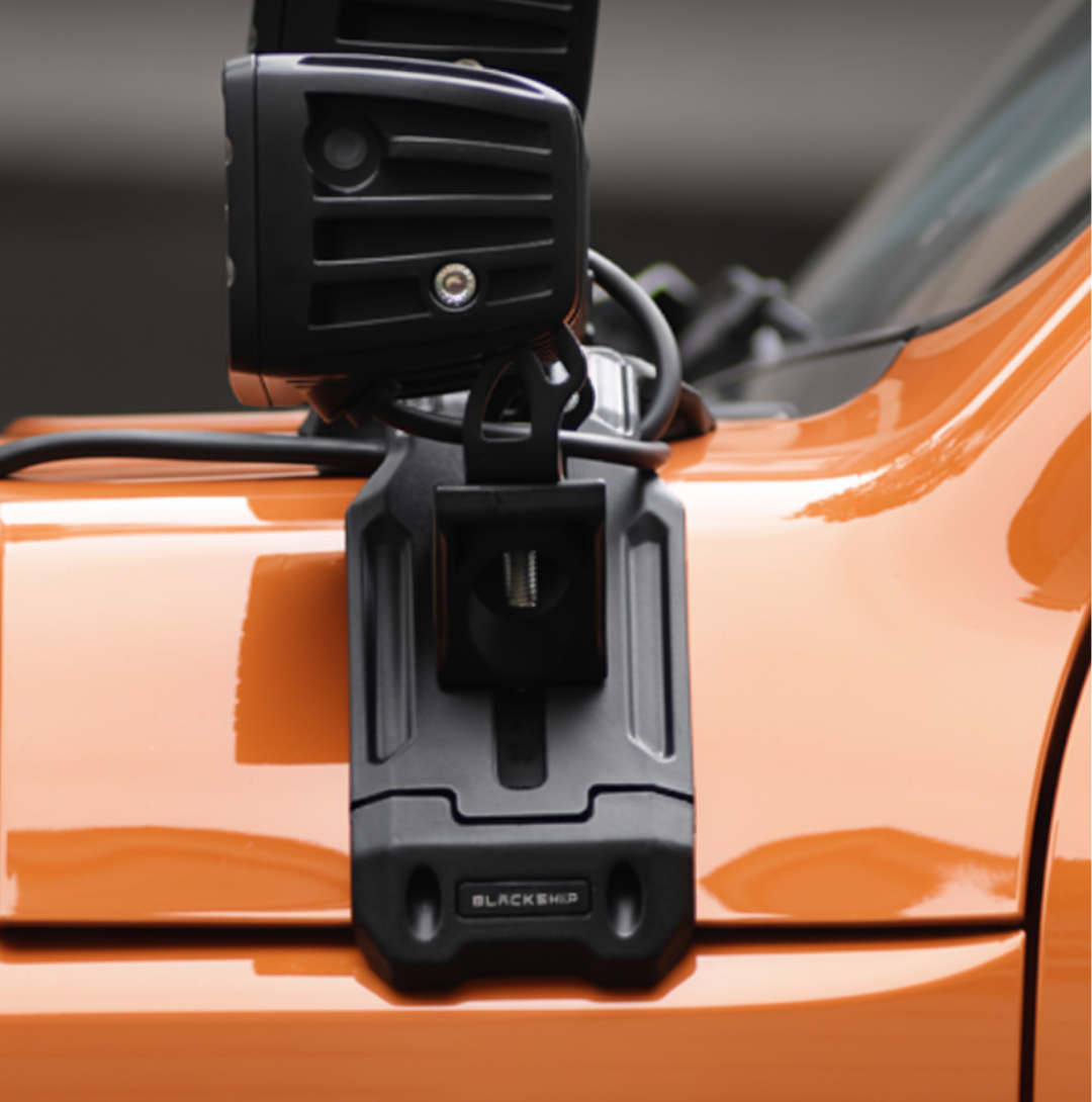 Close-up of BLACKSHIP A-Pillar GWM Tank 300 Light Brackets showing durable injection-mould construction