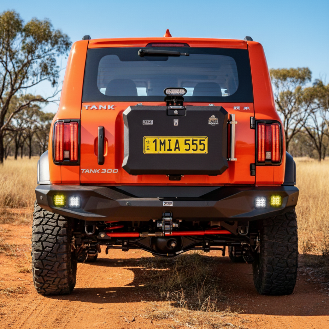 GWM Tank 300 HEV/Hybrid with MEIKA Conqueror Rear Bumper Gen 2 installed for off-road protection, improved clearance, and heavy-duty durability