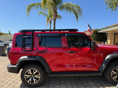 MK Offroad roof rack installed on a red GWM Tank 300, showing low-profile mounting and side rail detail, side view, supplied and fitted by Primerig 4x4 in Australia.