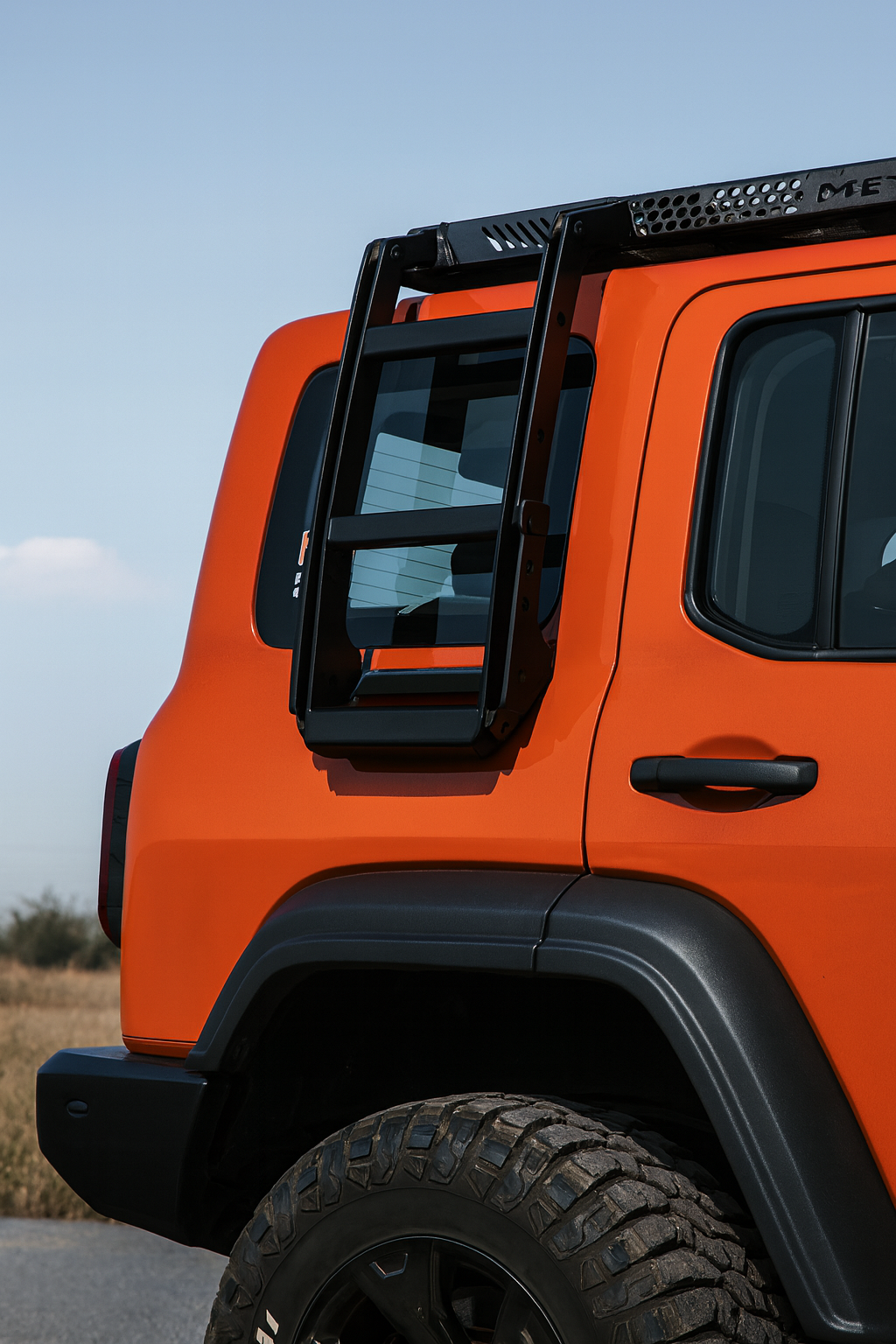 GWM Tank 300 with MEIKA Roof Rack ladder installed, providing safe access to rooftop gear and tents